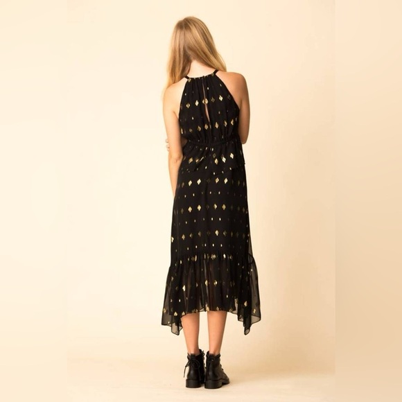 ALC Rosa Silk Black Gold‎ Metallic Halter Midi Length Dress 2 Asymmetric Ruffle - Picture 2 of 11